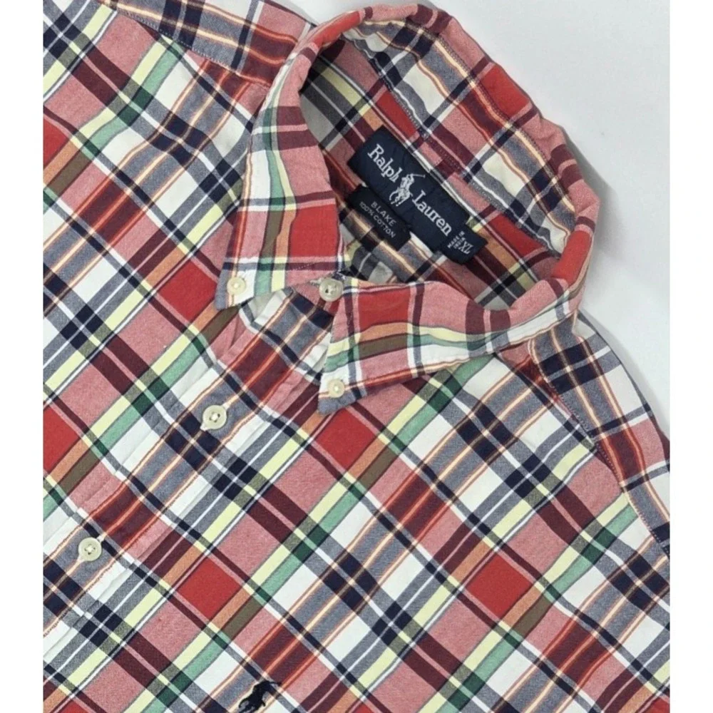 VINTAGE‎ Polo Ralph Lauren Blake Button Down Red Plaid Shirt Short Sleeve Men XL